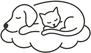 A sleeping dog and cat curled together on a cloud