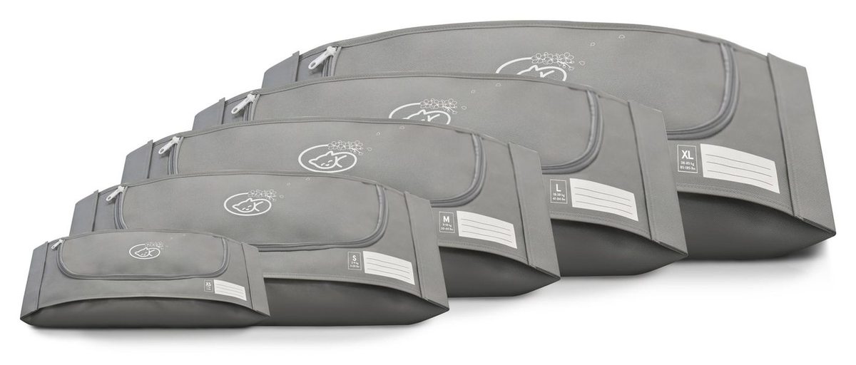 All five Euthabag sizes fanned out, each labelled with its weight range